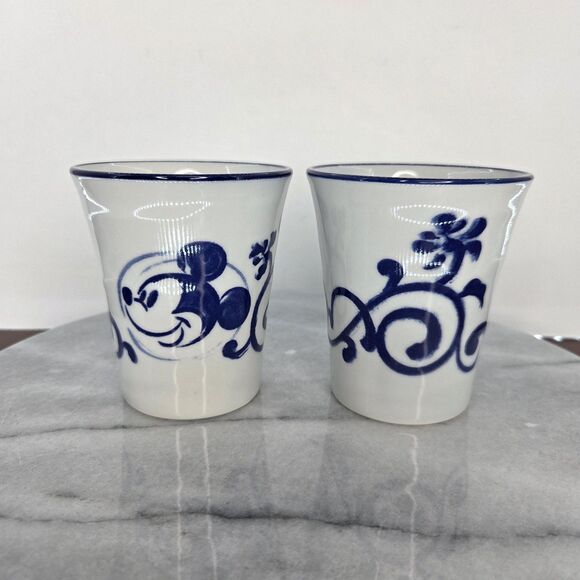 Tokyo Disney Resort Mickey Mouse Blue White Yunomi Tea Cups Pair Made in Japan - Picture 1 of 10